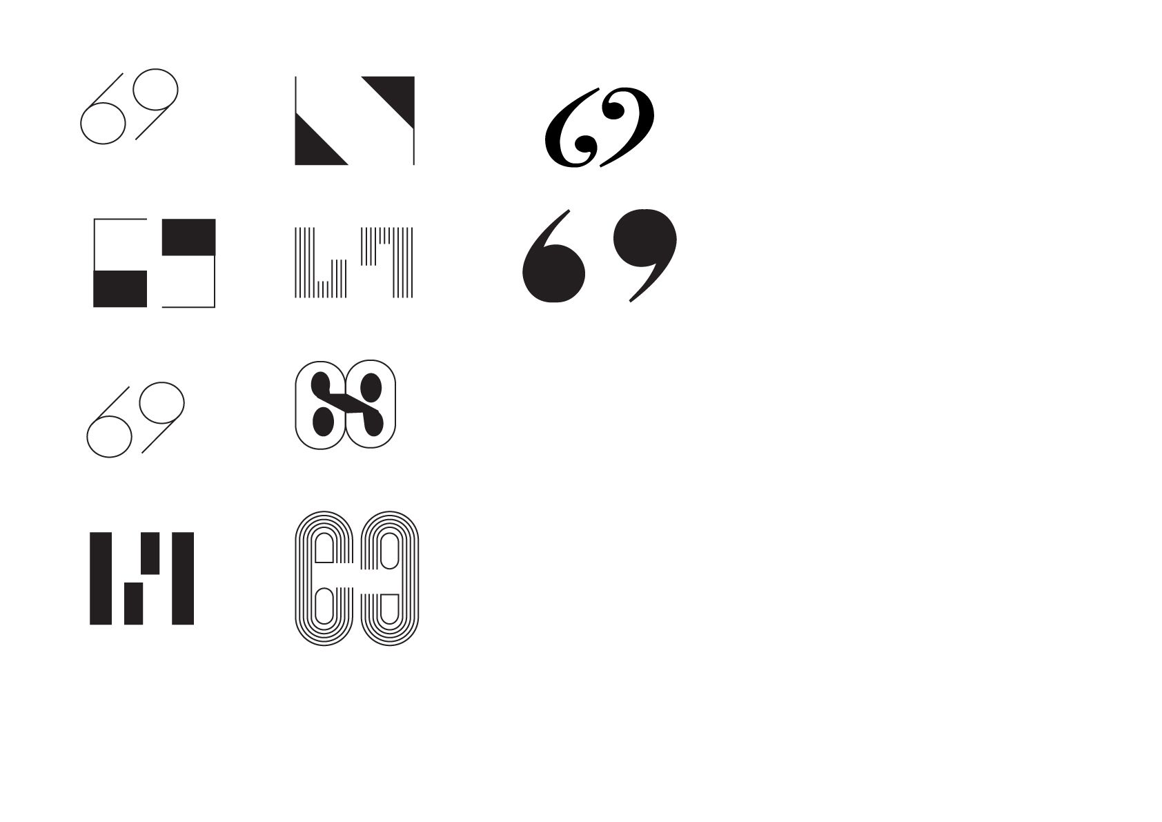 Sixty 9 brand identity exploration board — early logo directions, type and visual language studies