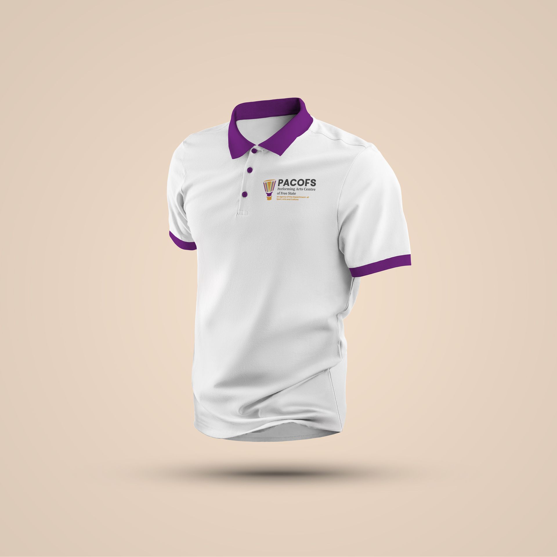 PACOFS branded golf shirt — white polo shirt with refreshed PACOFS logo embroidered on chest