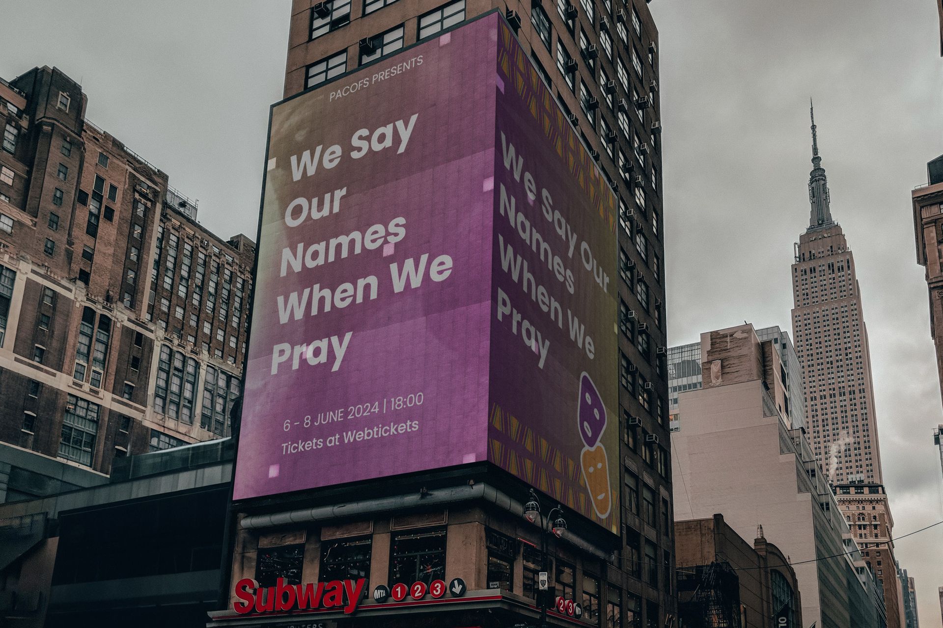 PACOFS brand refresh — city billboard mockup showing the refreshed identity at large-format outdoor scale