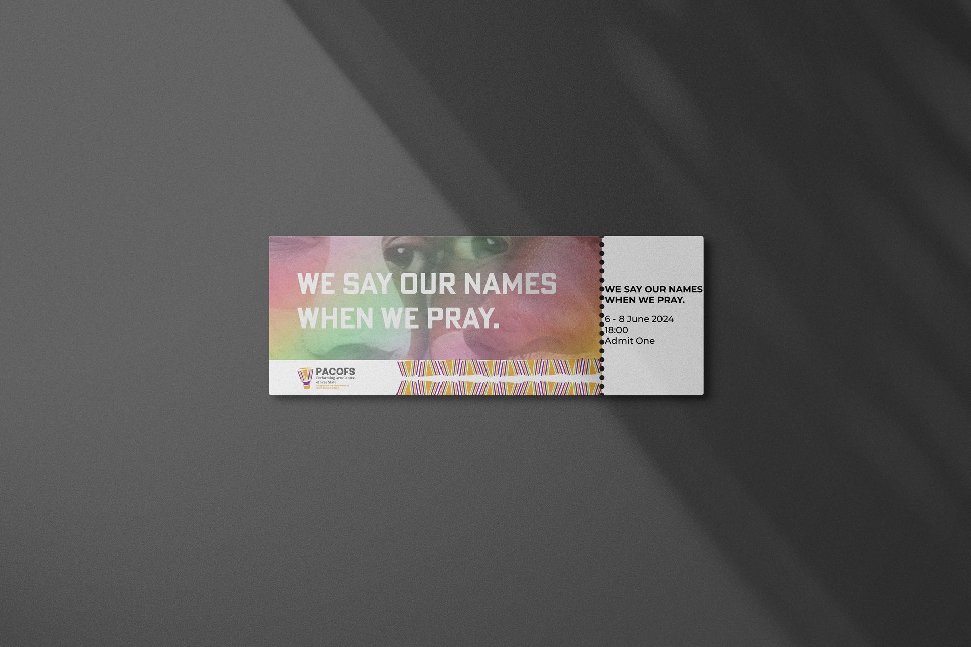 PACOFS theatre ticket design mockup — branded concert tickets showing event name, date, and refreshed PACOFS identity