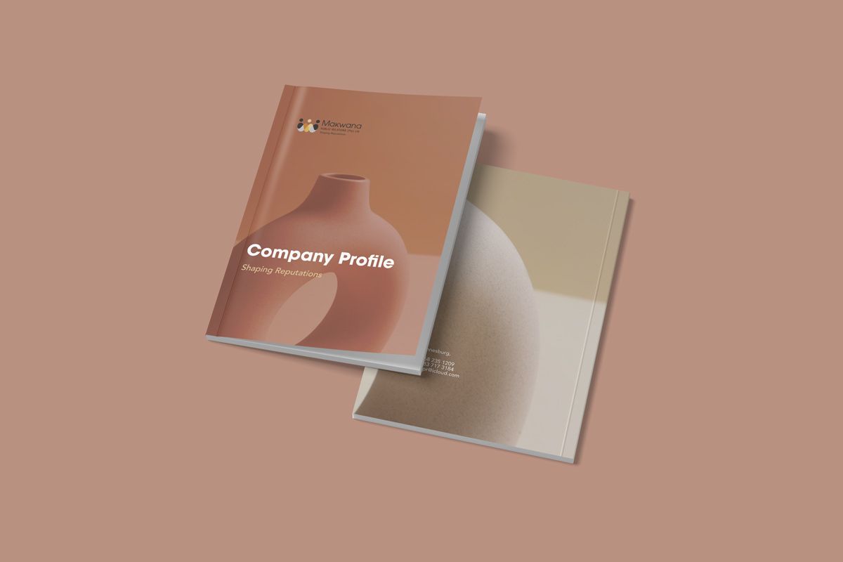 Makwana PR company profile — front and back covers in clay tones, with the title Company Profile and the tagline Shaping Reputations
