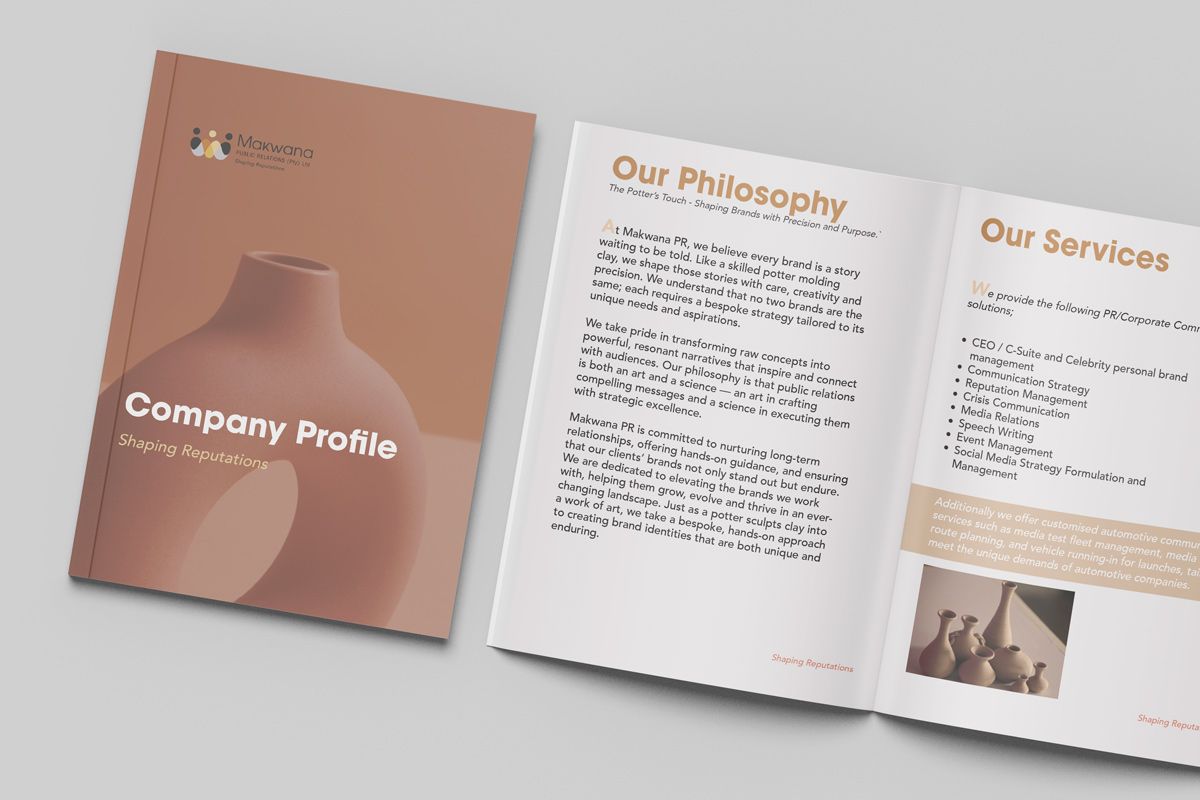 Makwana PR company profile open spread — Our Philosophy page on the potter's touch beside an Our Services list, with terracotta pottery photography