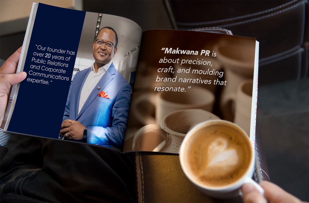 Makwana PR profile held open in a reader's hands — founder portrait beside a quote on twenty-plus years of PR expertise, with a brand quote set over pottery photography and a cup of coffee in the foreground