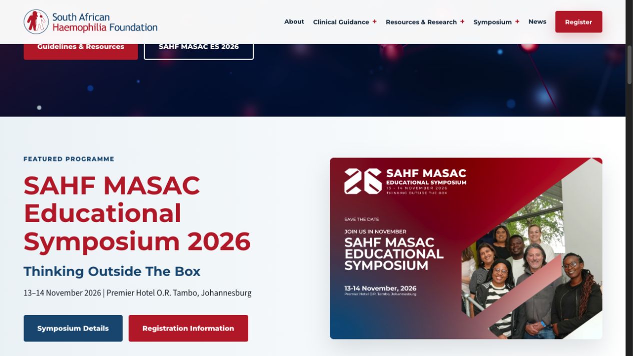 MASAC website symposium feature — SAHF MASAC Educational Symposium 2026, 'Thinking Outside The Box', 13 to 14 November 2026 at Premier Hotel O.R. Tambo Johannesburg, with symposium details and registration buttons beside the branded event visual