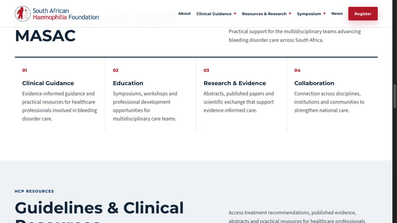 MASAC website homepage sections — the four numbered pillars of clinical guidance, education, research and evidence, and collaboration, above the guidelines and clinical resources hub