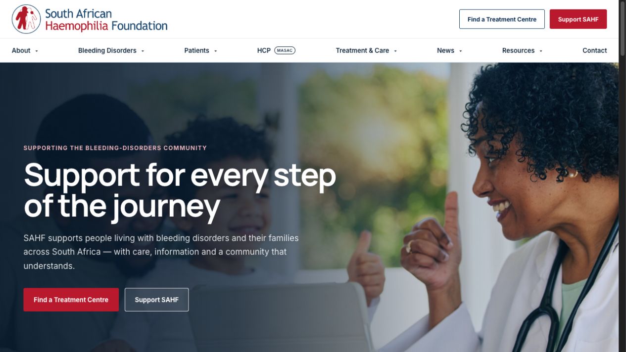 SAHF website homepage hero — the headline 'Support for every step of the journey' over a warm photo of a healthcare professional with a family, with Find a Treatment Centre and Support SAHF buttons