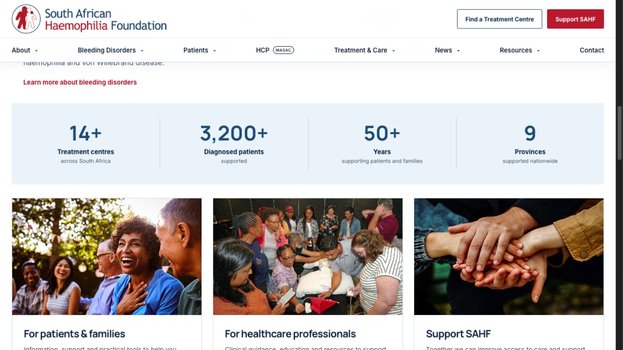 SAHF website homepage sections — a national statistics band showing treatment centres, diagnosed patients, years of support and provinces, above three audience pathway cards for patients and families, healthcare professionals, and supporting SAHF