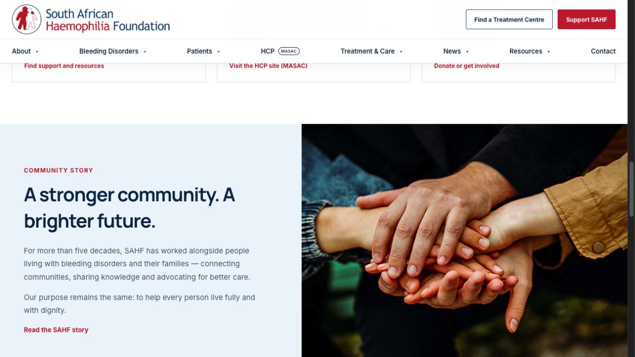 SAHF website community story section — the headline 'A stronger community. A brighter future.' beside a photo of many hands stacked together in solidarity