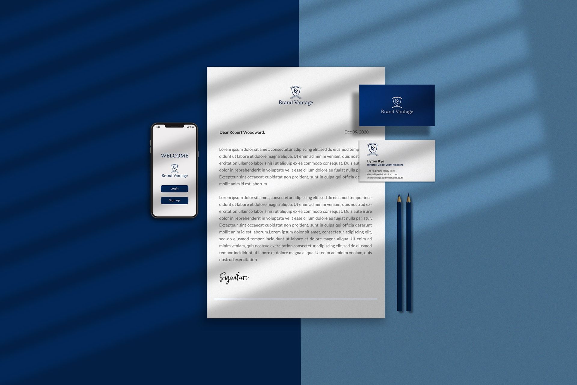 Sixty 9 stationery suite — branded business cards and print collateral in indigo and gold