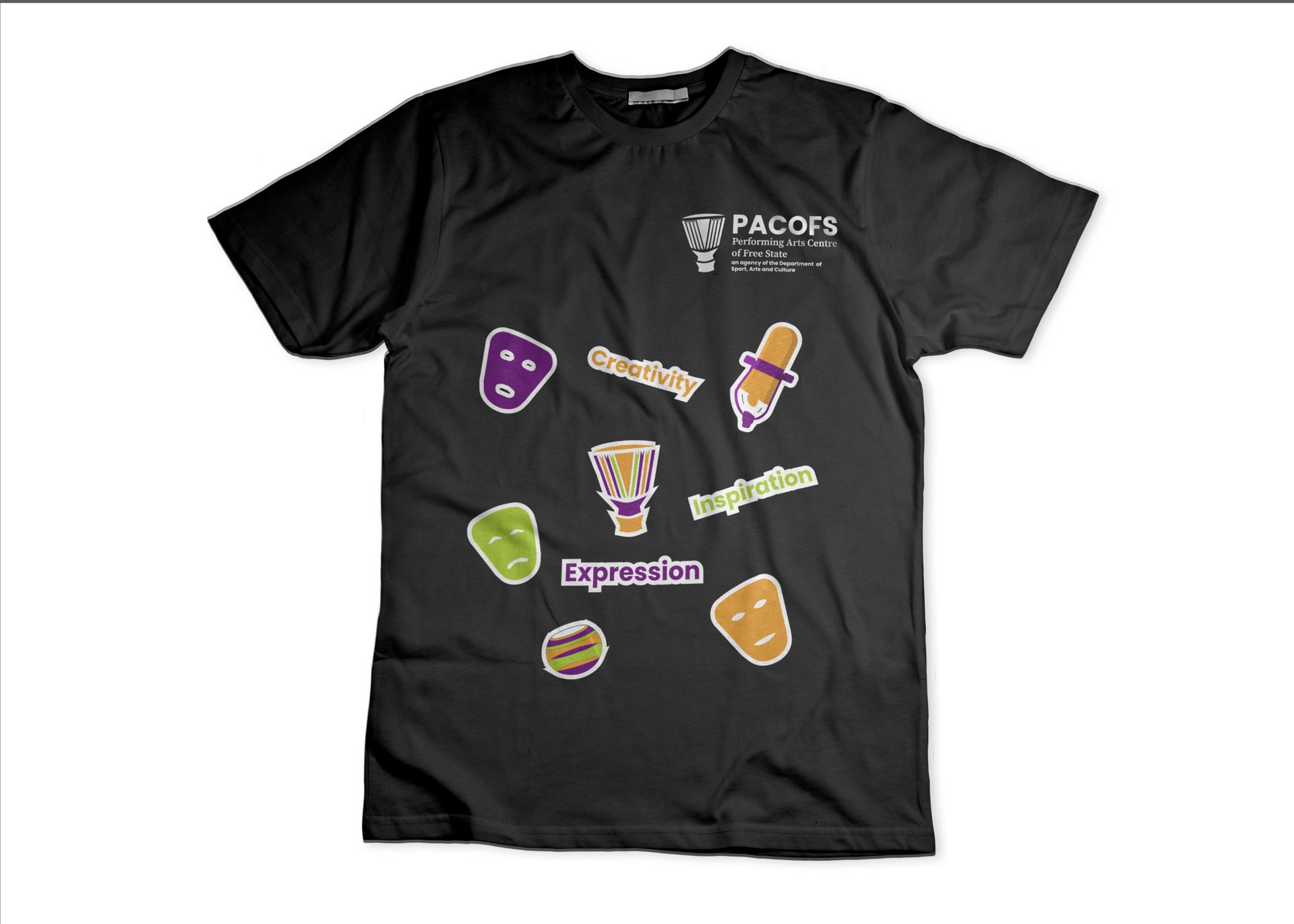 PACOFS branded black t-shirt — crew neck t-shirt with PACOFS brand mark printed on front
