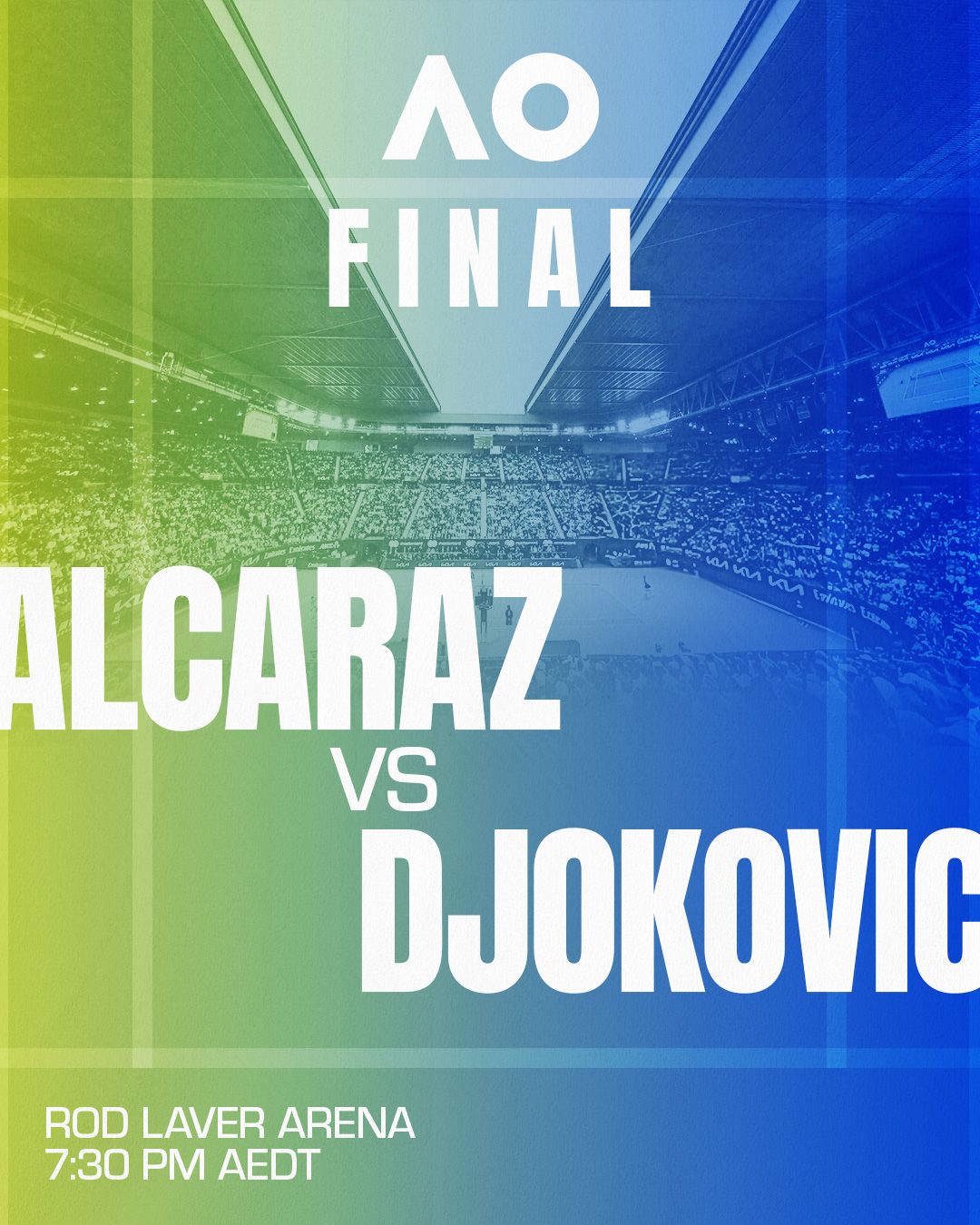 AO 2026 Final graphic — Alcaraz vs Djokovic, arena atmosphere version with packed Rod Laver Arena crowd background