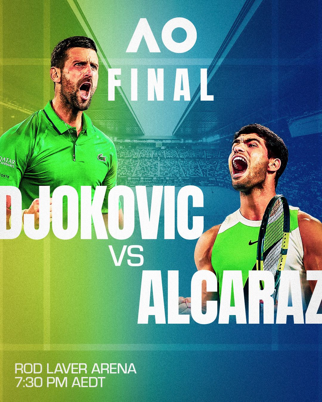 AO 2026 Final graphic — Djokovic vs Alcaraz, featuring player cutouts of both players, Rod Laver Arena, 7:30 PM AEDT
