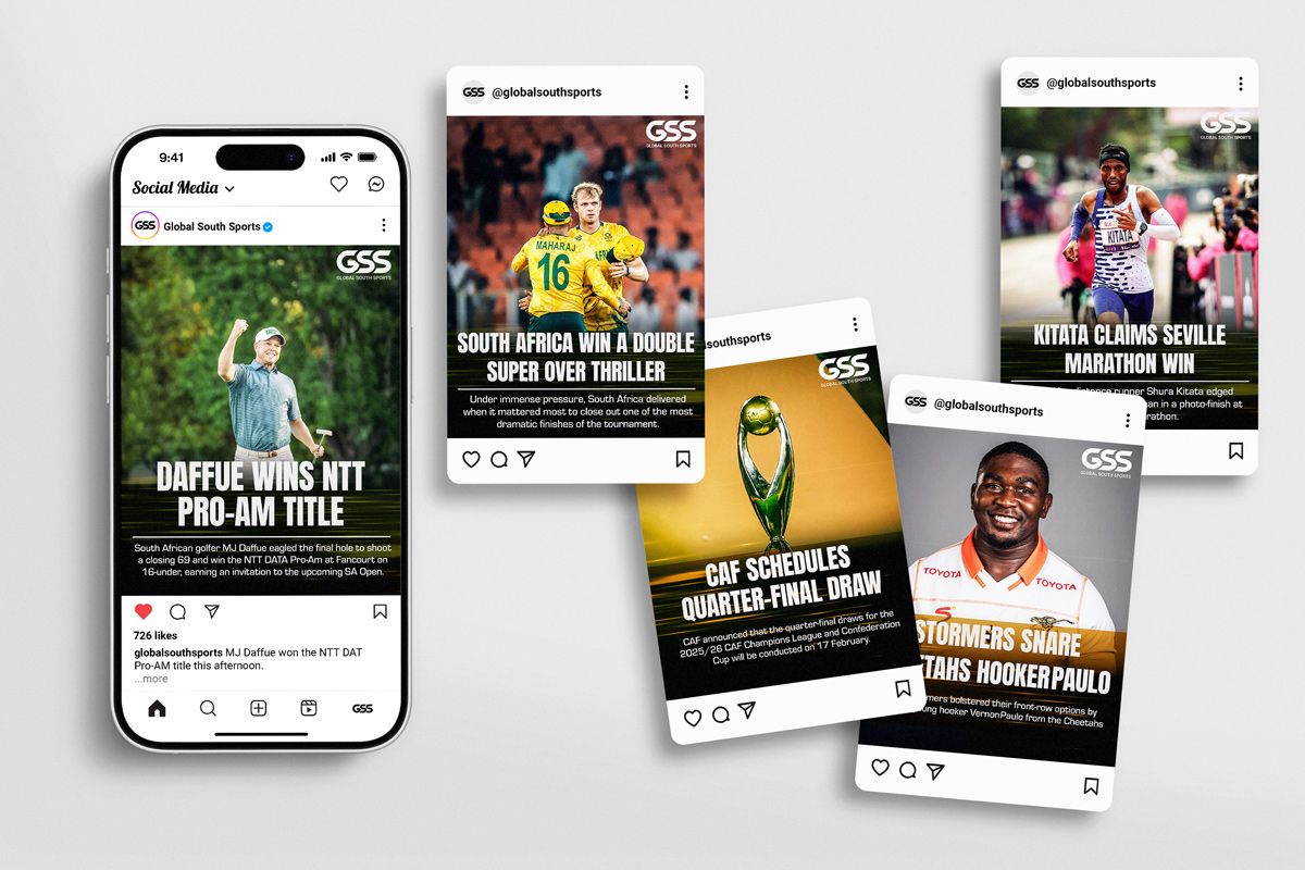 Global South Sports Instagram feed mockup — phone showing live feed alongside post cards covering a golf win, cricket super over, marathon result, CAF draw, and rugby signing