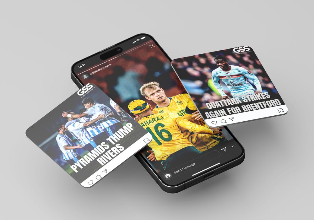 Global South Sports social media stories mockup — three phones showing story and post templates with football, cricket, and rugby content