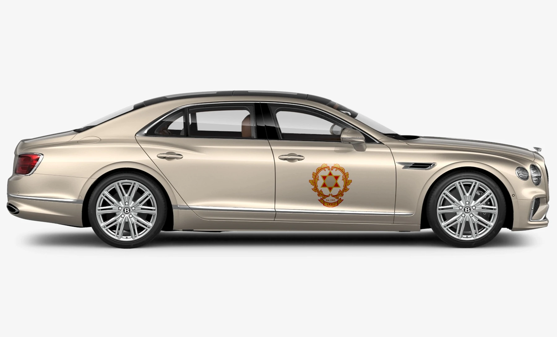 Bentley · metallic finish mockup showing the IPHC crest on the vehicle door