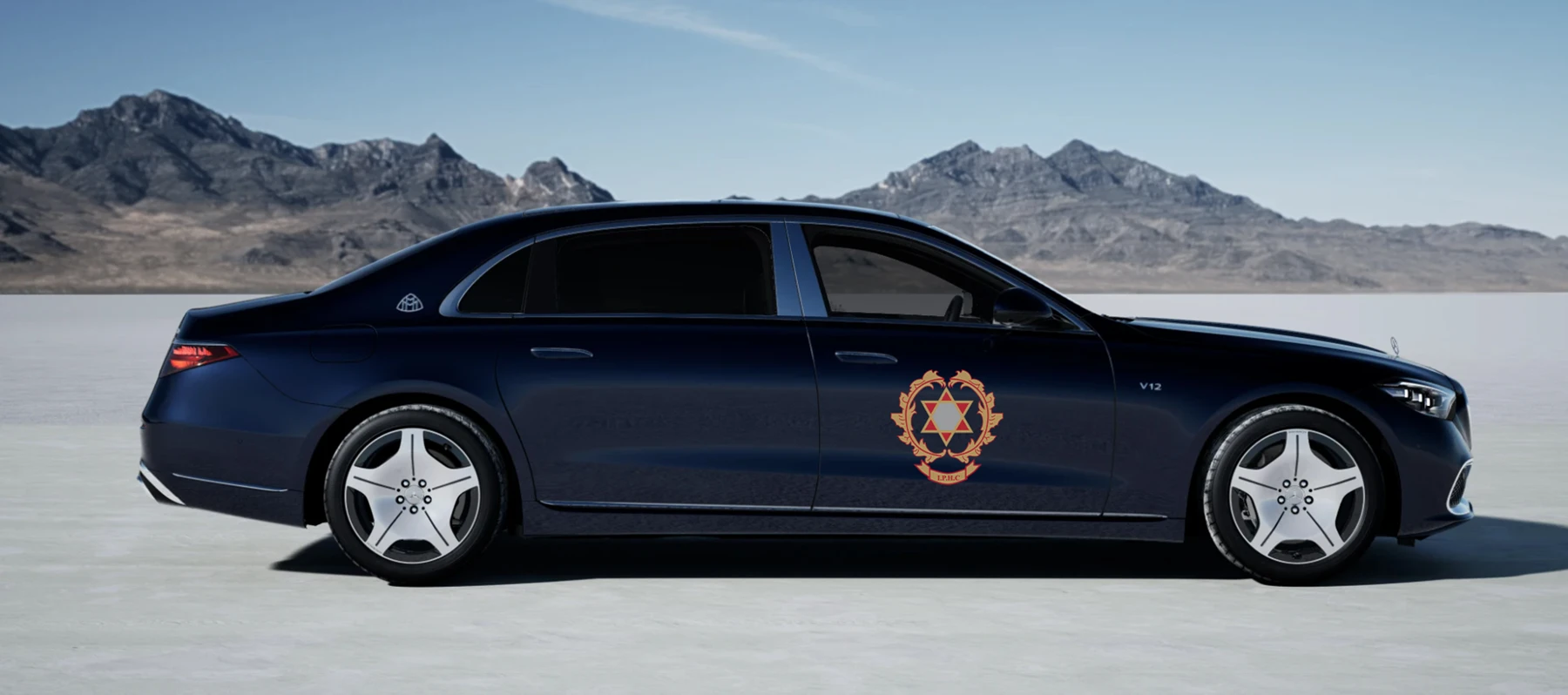 Mercedes-Benz S63 · crest mockup showing the IPHC crest on the vehicle door