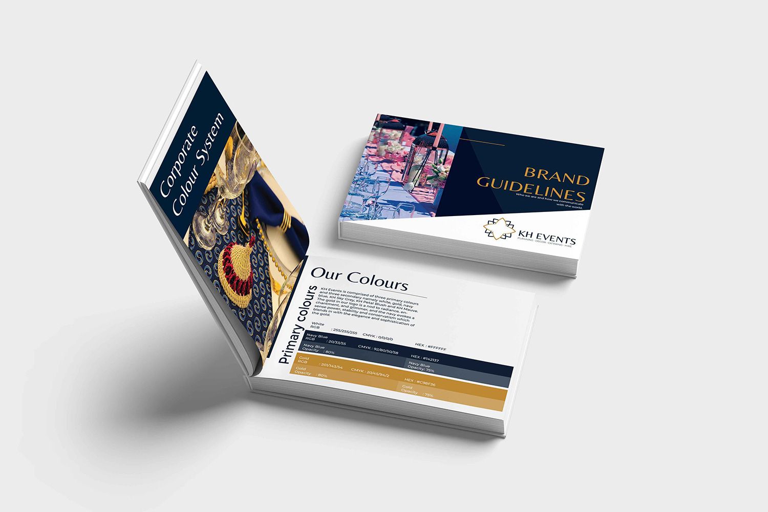 KH Events brand book — cover and inside spread of the refreshed visual identity guideline system