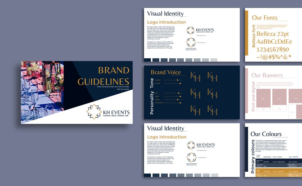 KH Events brand guideline spreads — pages from the 36-page visual identity system showing logo, colour and layout rules