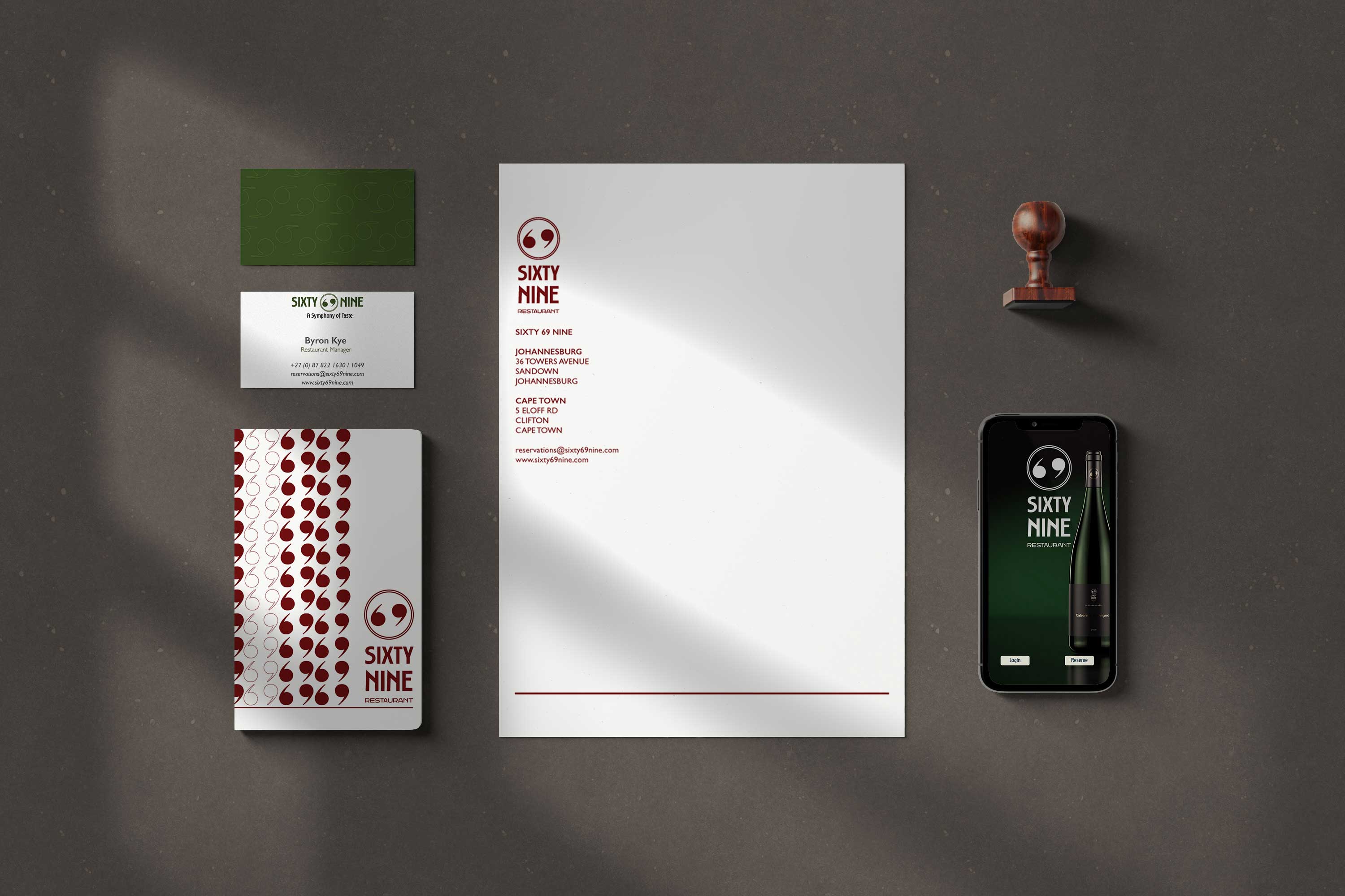 Sixty 9 stationery suite — branded letterhead, business cards, notebook and mobile mockup