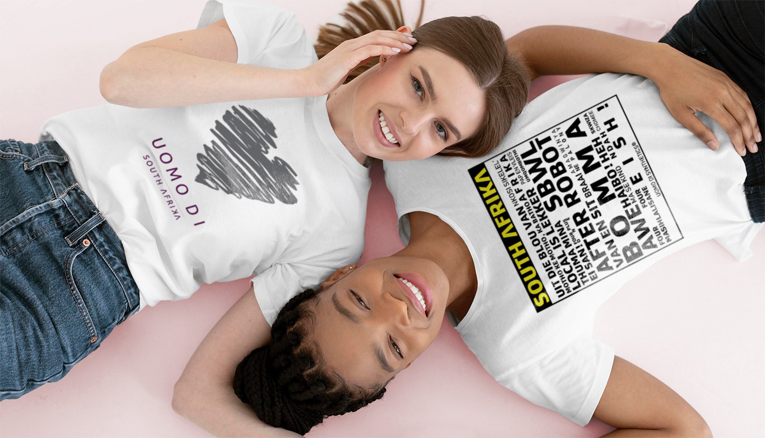 UOMO DI campaign featuring two models wearing the Love and ZAR graphic tees